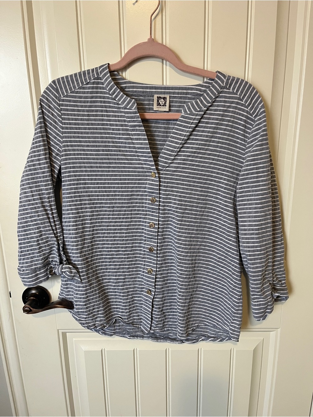 Anne Klein Gray & White Striped Button-Front Blouse